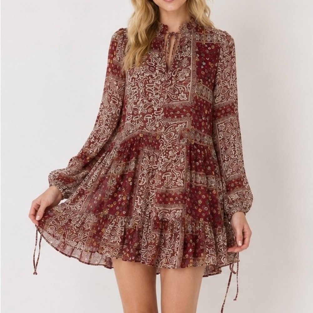 Bohemian Red Paisley Long-Sleeve Mini Dress